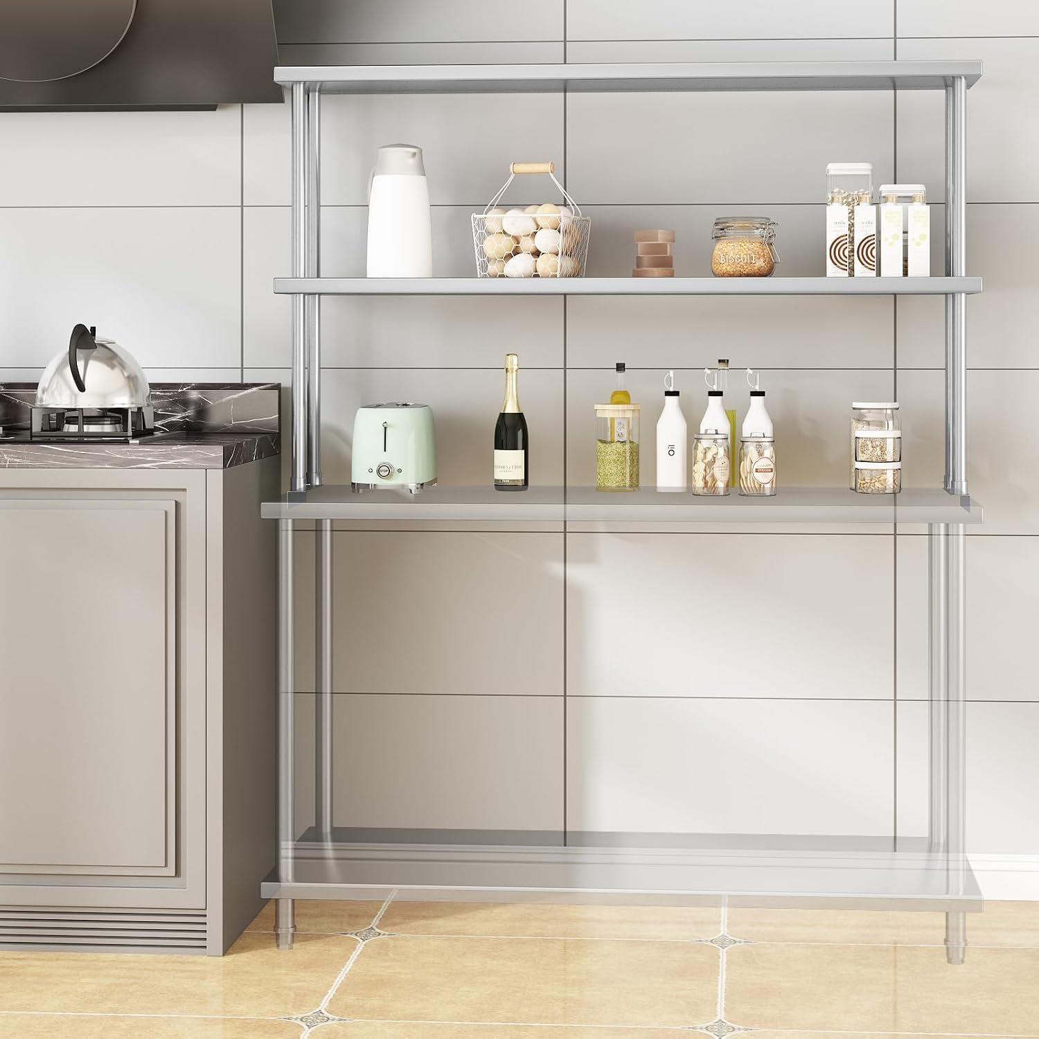 Commercial Kitchen Prep Table With Storage - Rak Penyimpanan Dua Tingkat dari Baja